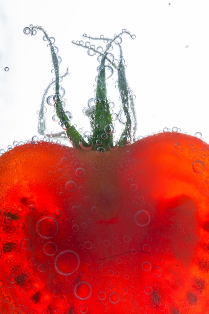 Free photo close-up of half of tomato covered with air bubbles in water