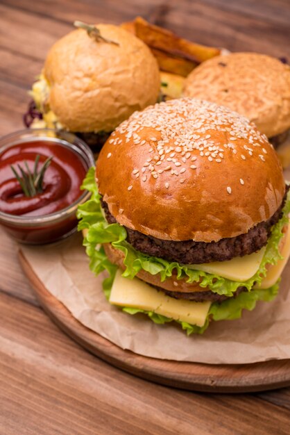 Close-up hamburger with ketchup