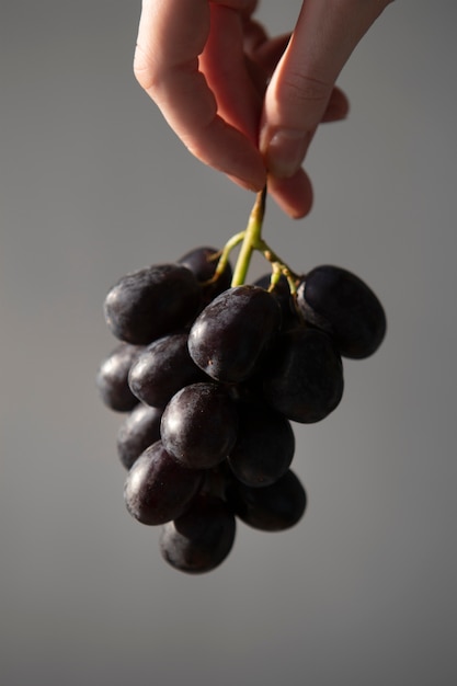 Close up hand holding grapes for summertime