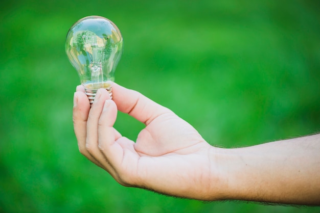 Close-up of hand holding light bulb against blur green background