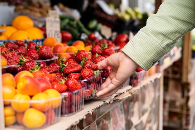 Free Photo close up hand holding strawberries