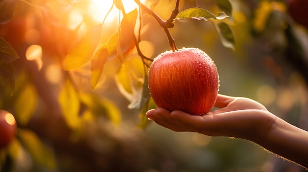 Close up hand picking apple from tree