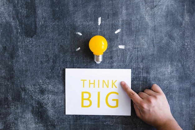 Close-up of hand pointing finger on think big with light bulb on chalkboard