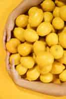 Free photo close-up hand surrounding raw lemons