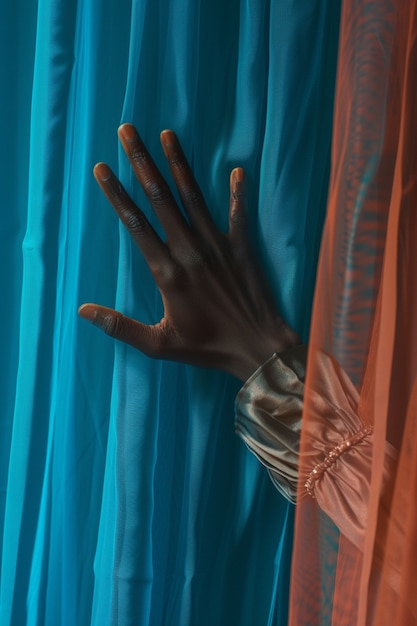 Free photo close up on hand touching curtain