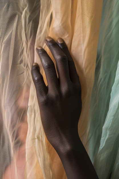 Close up on hand touching curtain