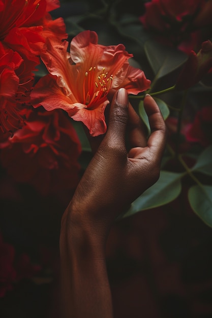 Free photo close up on hand touching flowers