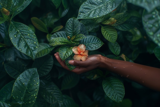 Free photo close up on hand touching plant