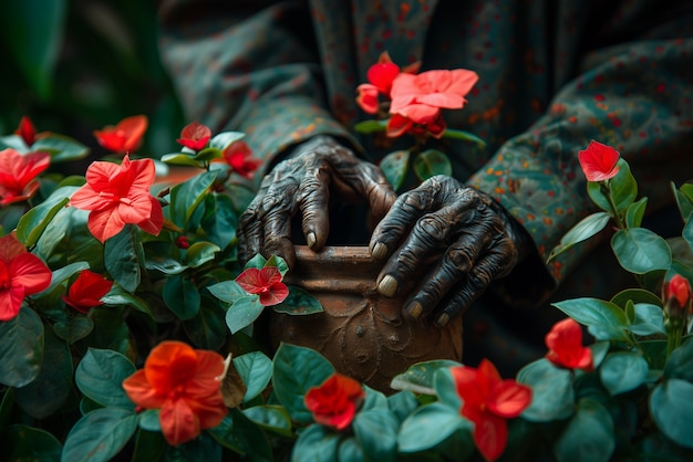 Free photo close up on hand touching plant