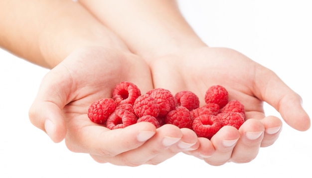 Close-up of hands holding fresh raspberries