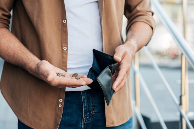 Close-up hands holding wallet and coins