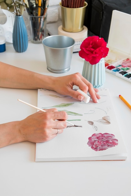 Close-up hands painting flower