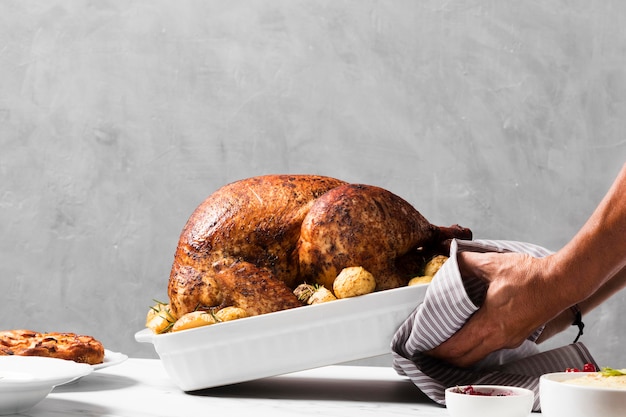 Close-up hands putting turkey on table