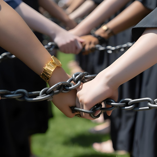 Free photo close up of hands tied with chains on the background of students