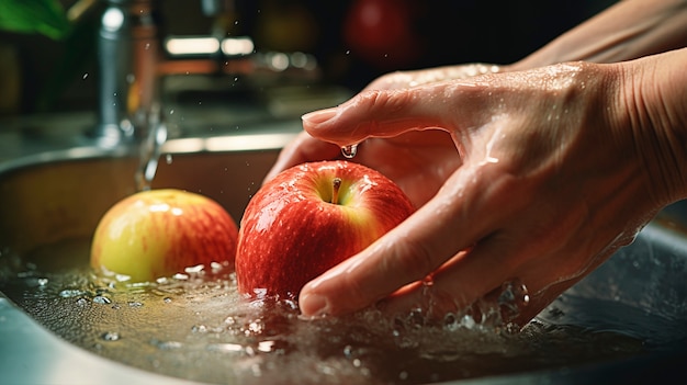 Close up hands washing apples