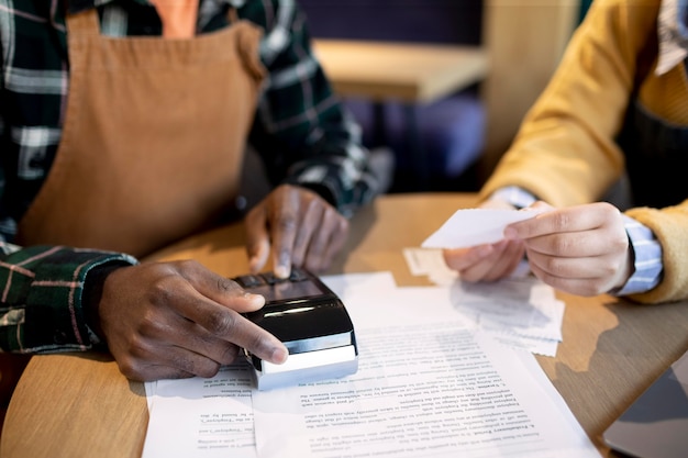 Close up hands with receipts