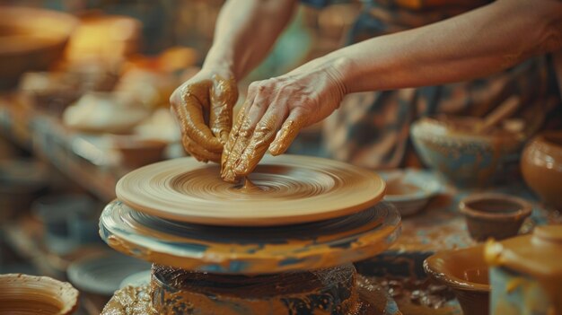 Close up on hands working on pottery