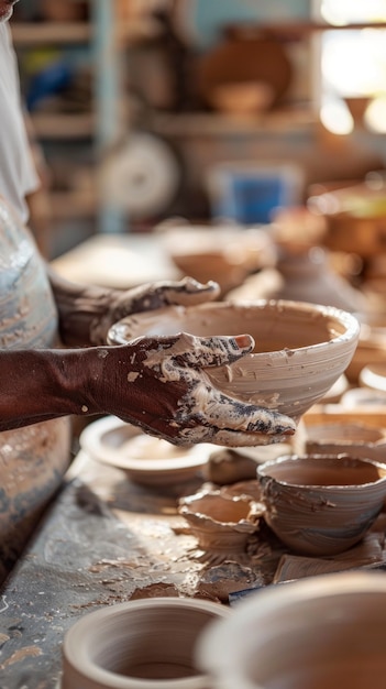 Free photo close up on hands working on pottery