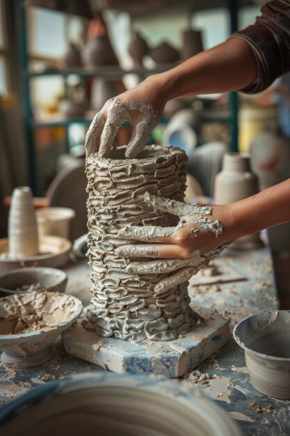 Close up on hands working on pottery