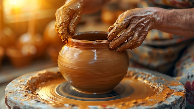 Close up on hands working on pottery