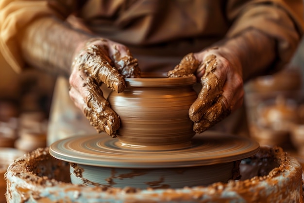 Close up on hands working on pottery