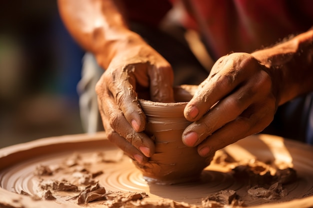 Free Photo close up on hands working on pottery