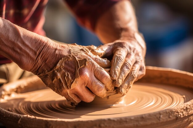 Close up on hands working on pottery