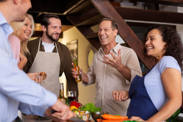 Free Photo close up happy people with delicious food