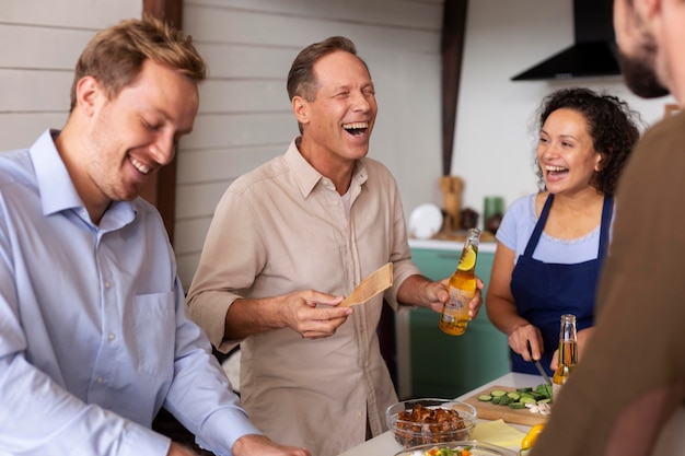 Close up happy people with food