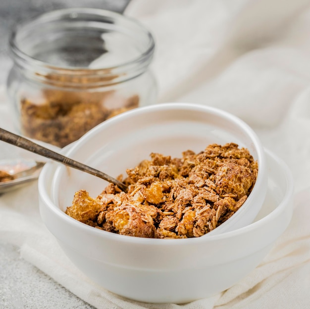 Close-up healthy breakfast bowl with granola