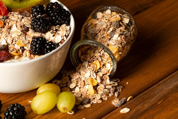 Close-up healthy breakfast on table