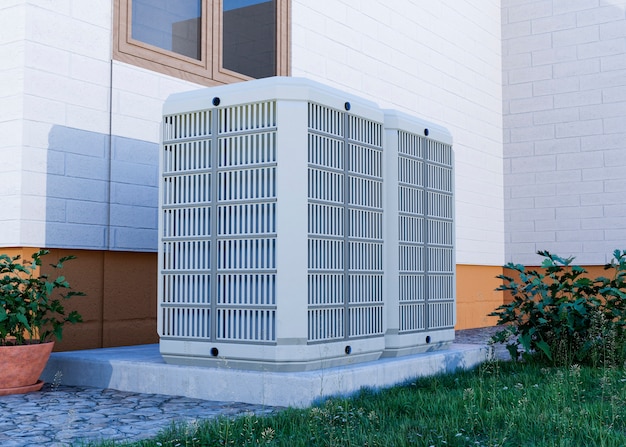 Close up on heat pump outside home