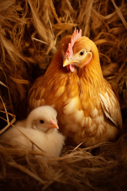 Free photo close up on hen with chick