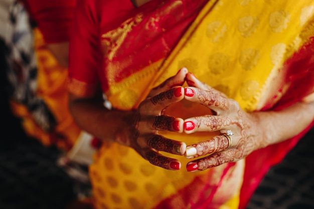 Close-up of Hindu bride's hands covered with henna tattoos