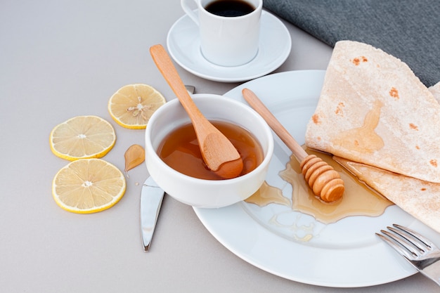 Close-up homemade honey with tortillas