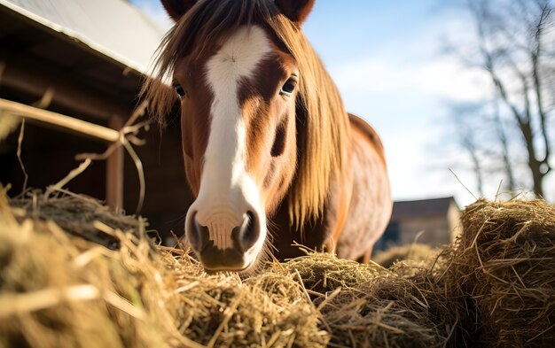 close up on horse eating hay