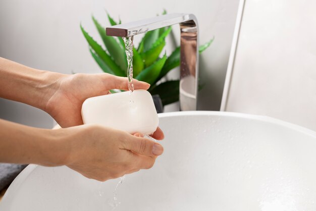 Close up on hygienic hand washing