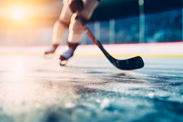 Close up of ice hockey stick on ice rink in position to hit hockey puck