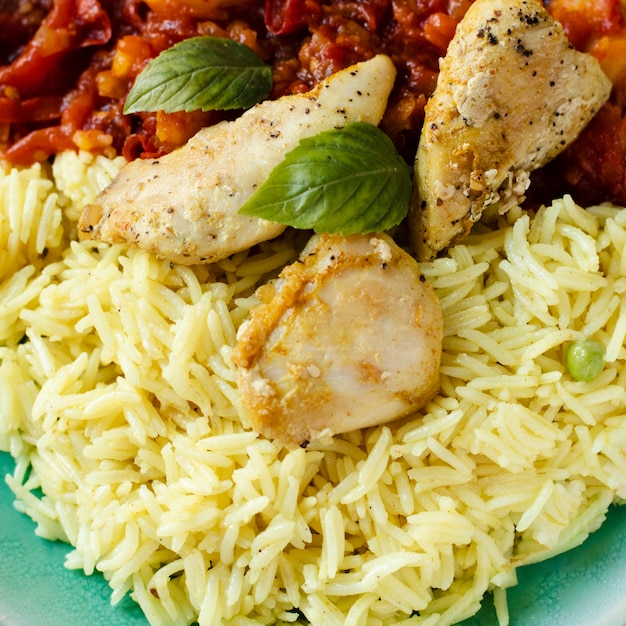 Close-up to a  indian chiken and rice dish