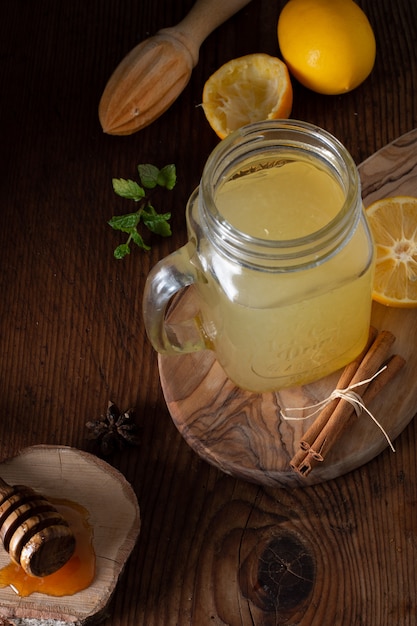 Free photo close-up jar with homemade fresh lemonade