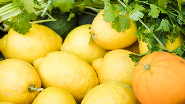 Close-up of juicy lemon with fresh coriander in market stall