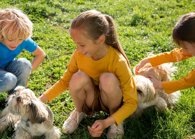 Free Photo close up kids playing with dogs