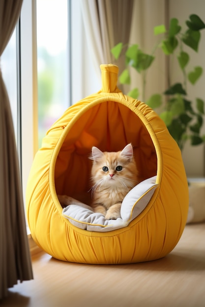 Close up on kitten in house tent