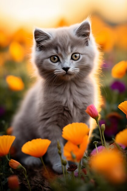 Close up on kitten surrounded by flowers