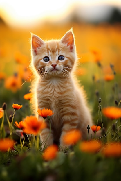 Close up on kitten surrounded by flowers