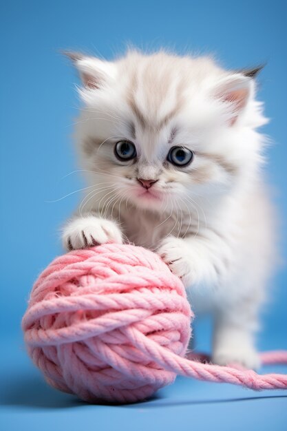 Close up on kitten with ball of yarn