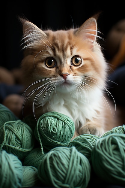 Free Photo close up on kitten with balls of yarn