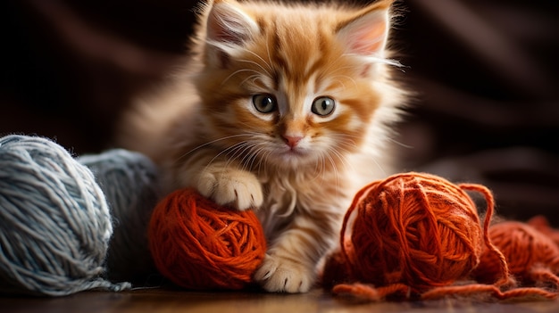 Close up on kitten with balls of yarn