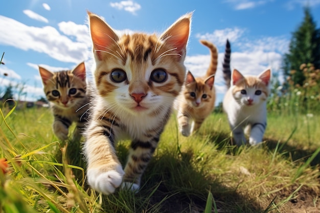 Close up on kittens walking outdoors