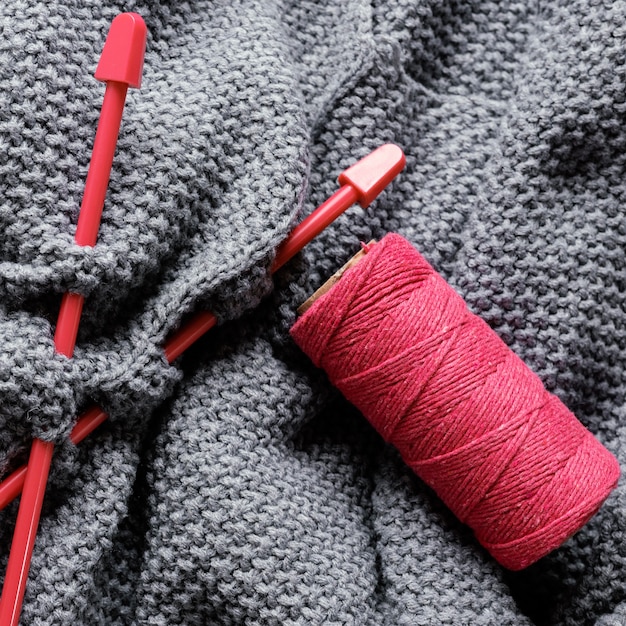 Close up knitting needles and wool